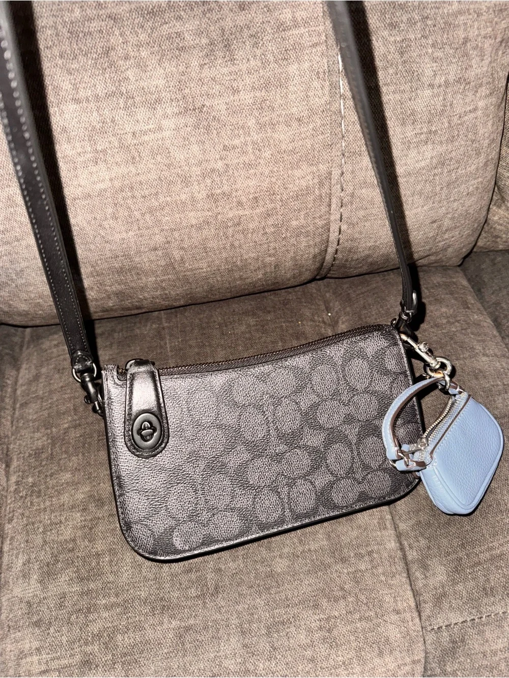 Coach Black Signature Crossbody Bag with Light Blue Charm